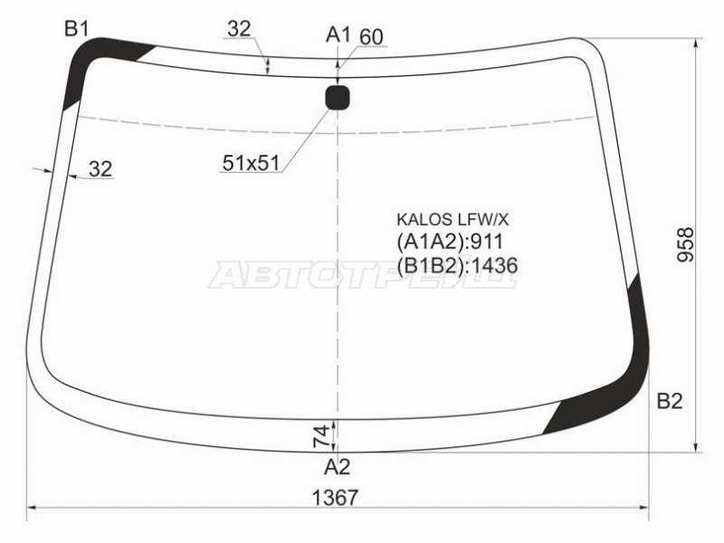 Стекло лобовое Chevrolet Aveo 02-08  / Kalos 03-08  / Daewoo Kalos 02-08 (XYG: KALOS LFW/X)